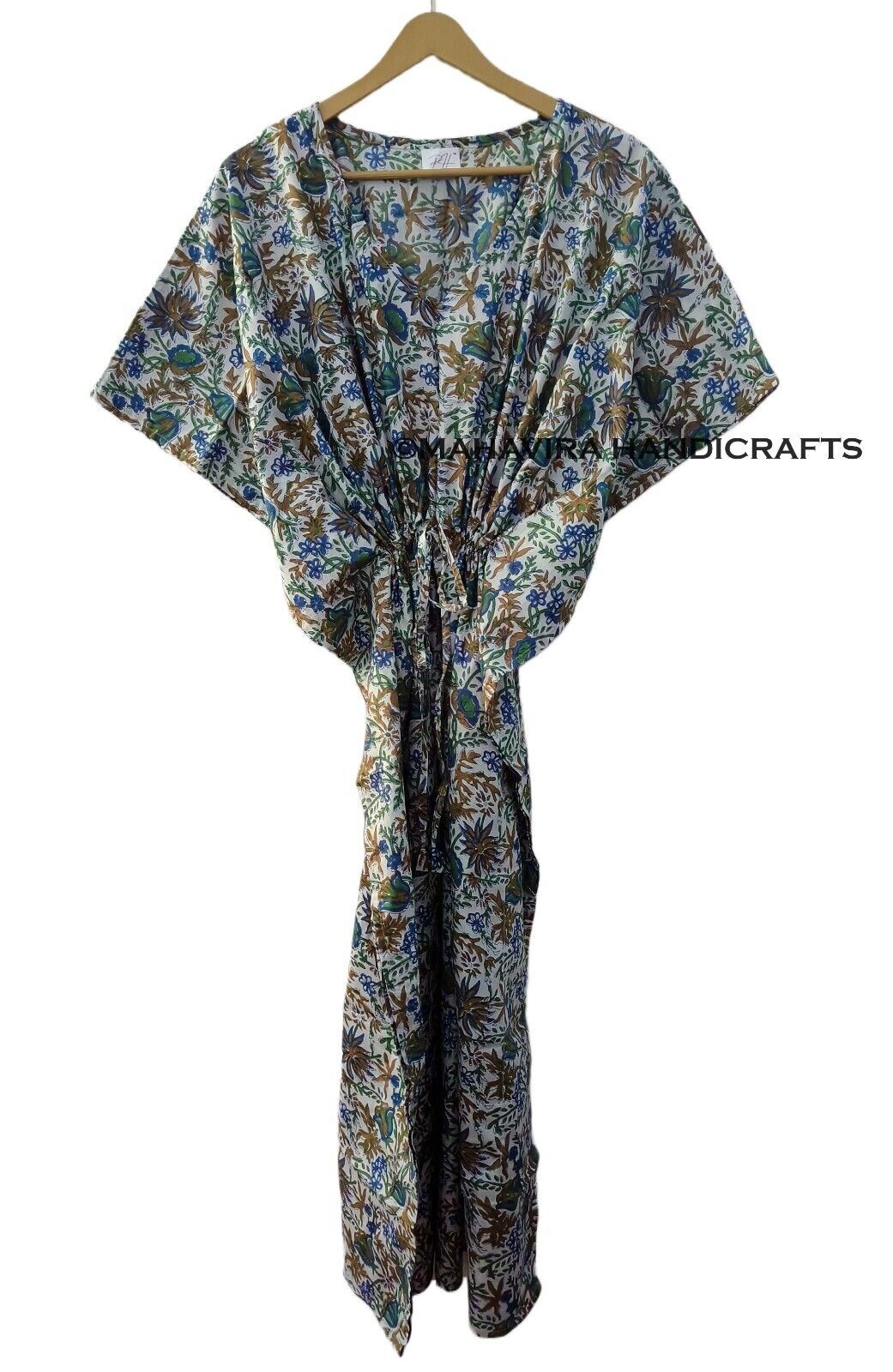 Indian Cotton Loose Short Sleeve Floral Print Brown Free Size gypsy Caftan Dress
