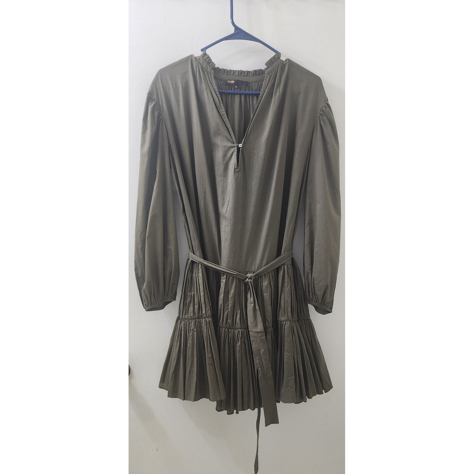 Maje Olive Green Ruffle Tiered Mini Dress Long Sleeve Belted Size 36 US 4 6