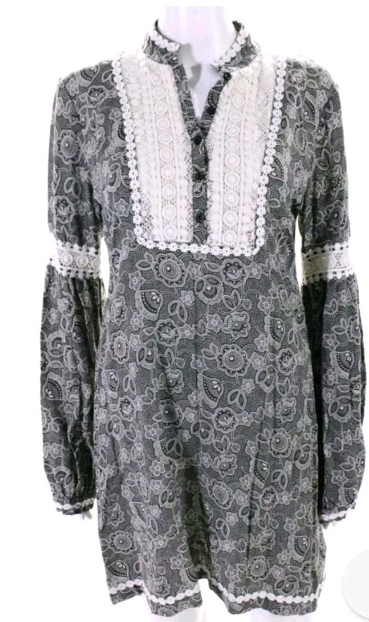Free People Dress Sz 8 Black, Ivory Cotton Lace Cottage Core Prairie Short