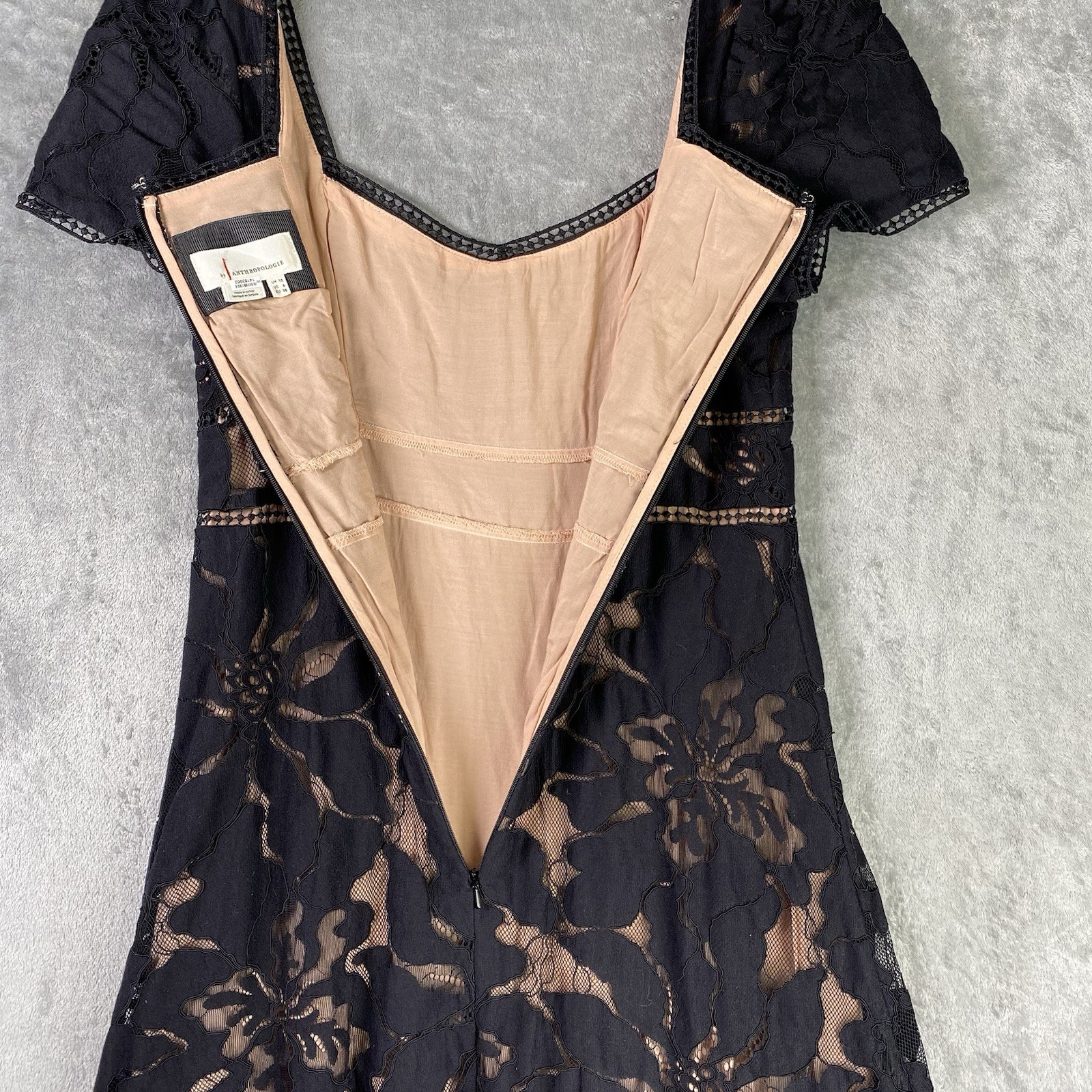 Anthropologie Dress Womens Sz 6 Black Slim Lace Maxi Floral Cocktail Evening