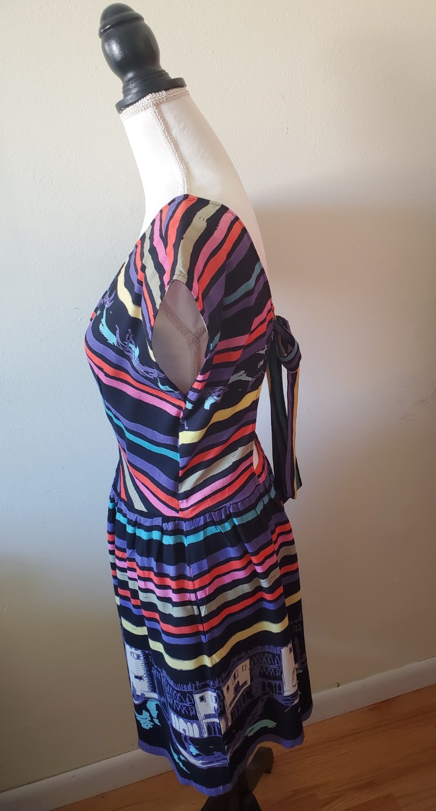 Anthropologie Women’s S Striped Mini Dress Tie Back Side Pocket Black/Multicolor