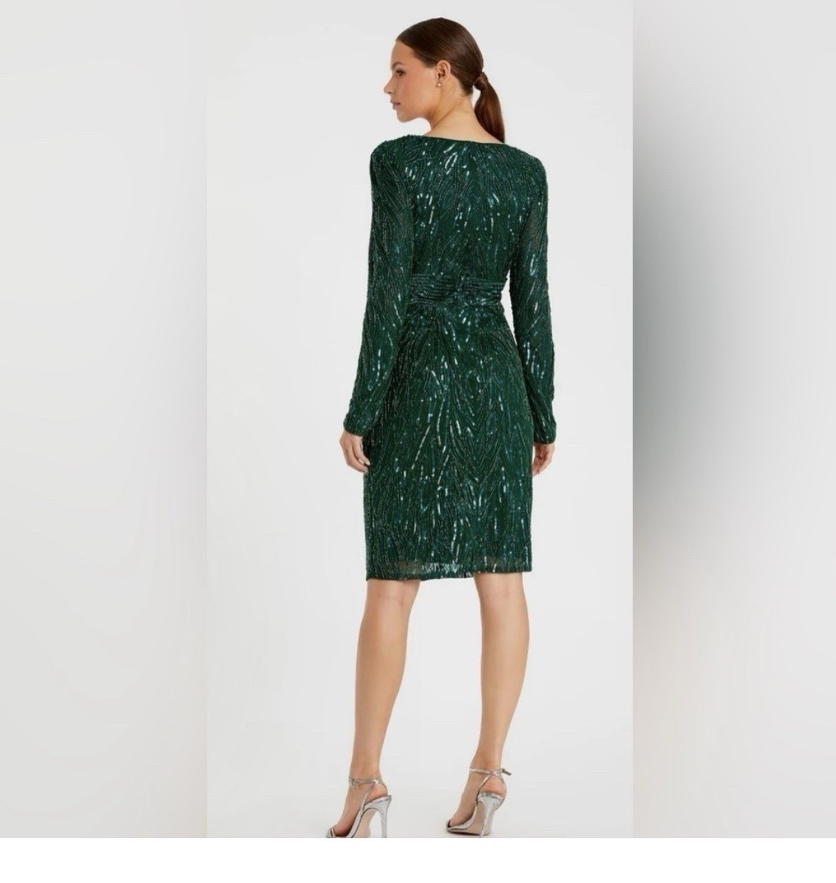 Mac Duggal 2 Green Sequin Mesh V-Neck Long Sleeve Sheath Zip Dress Knee
