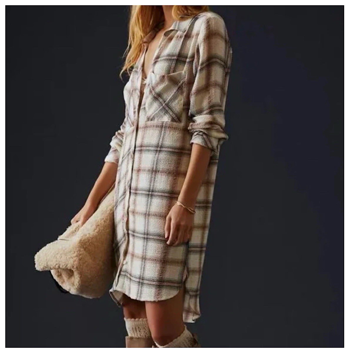 Cloth & Stone Plaid Tunic Shirt Dress Womens Sz L Multicolor Long Sleeve
