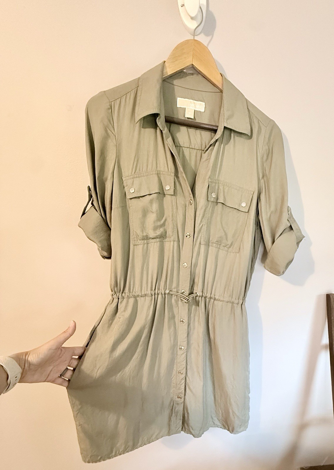 Michael Kors Green Rayon Collared Button Shirt Dress Pockets Drawstring Medium