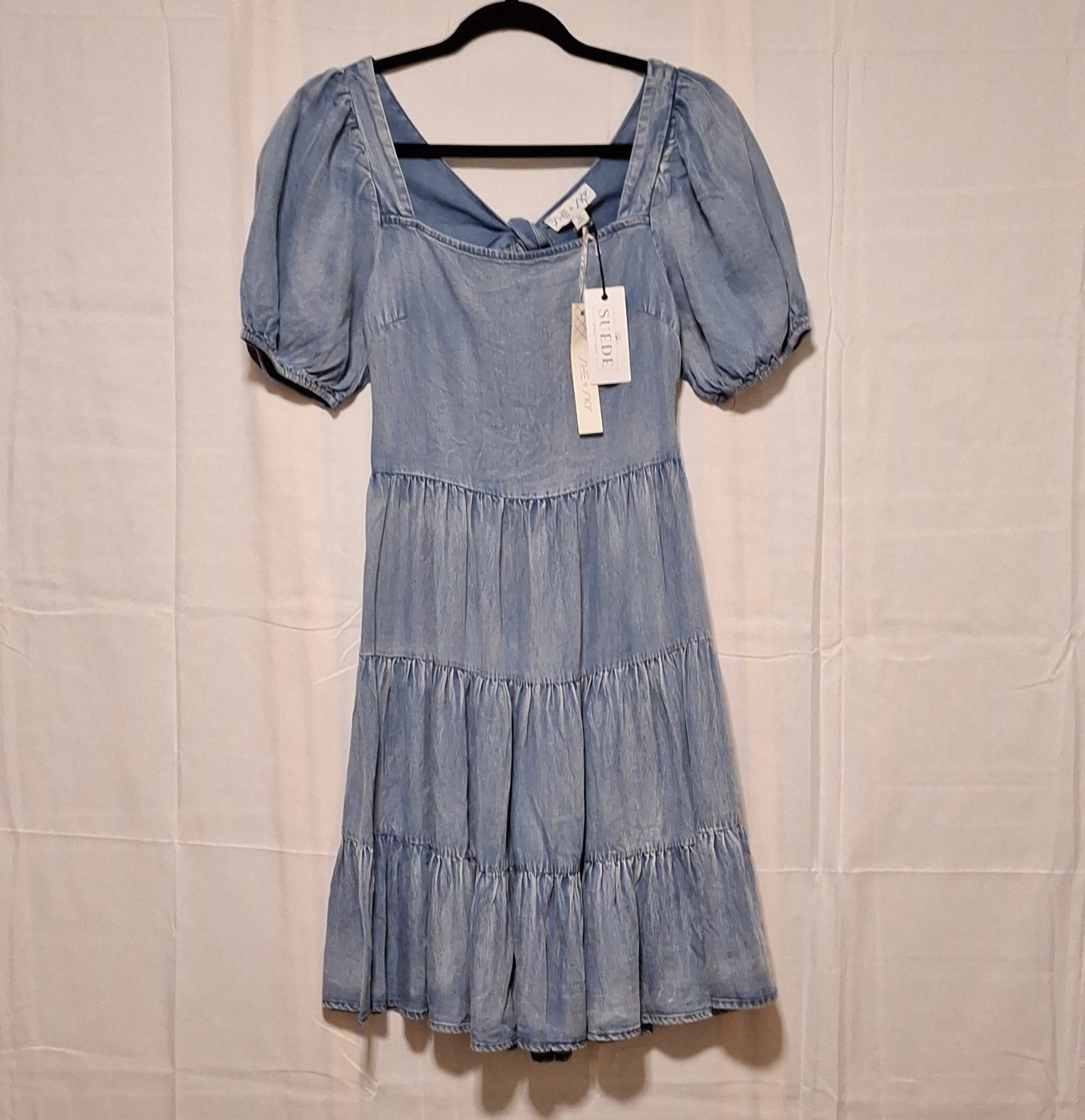 She + Sky Sz M Blue Tencel Denim Tiered Dress Square Neck Puff Sleeve Tie Back
