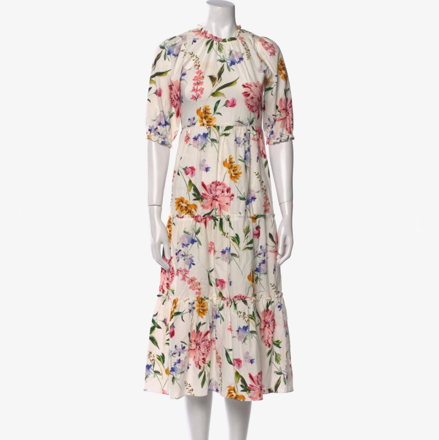 GENERATION LOVE White Floral Three-Quarter Sleeve Ruffle Midi Length Dress XXS