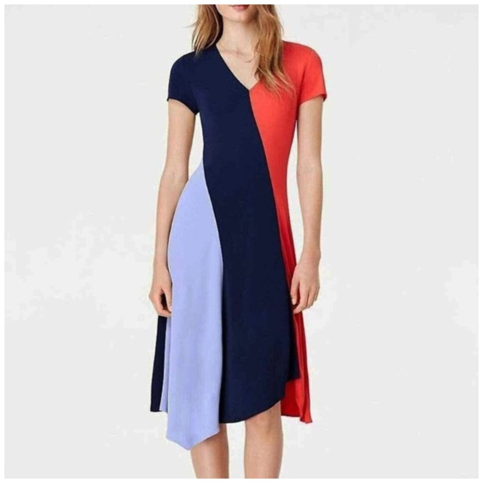 Tory Burch Walden Asymmetrical Color Block Dress Orange Navy Periwinkle Size XS