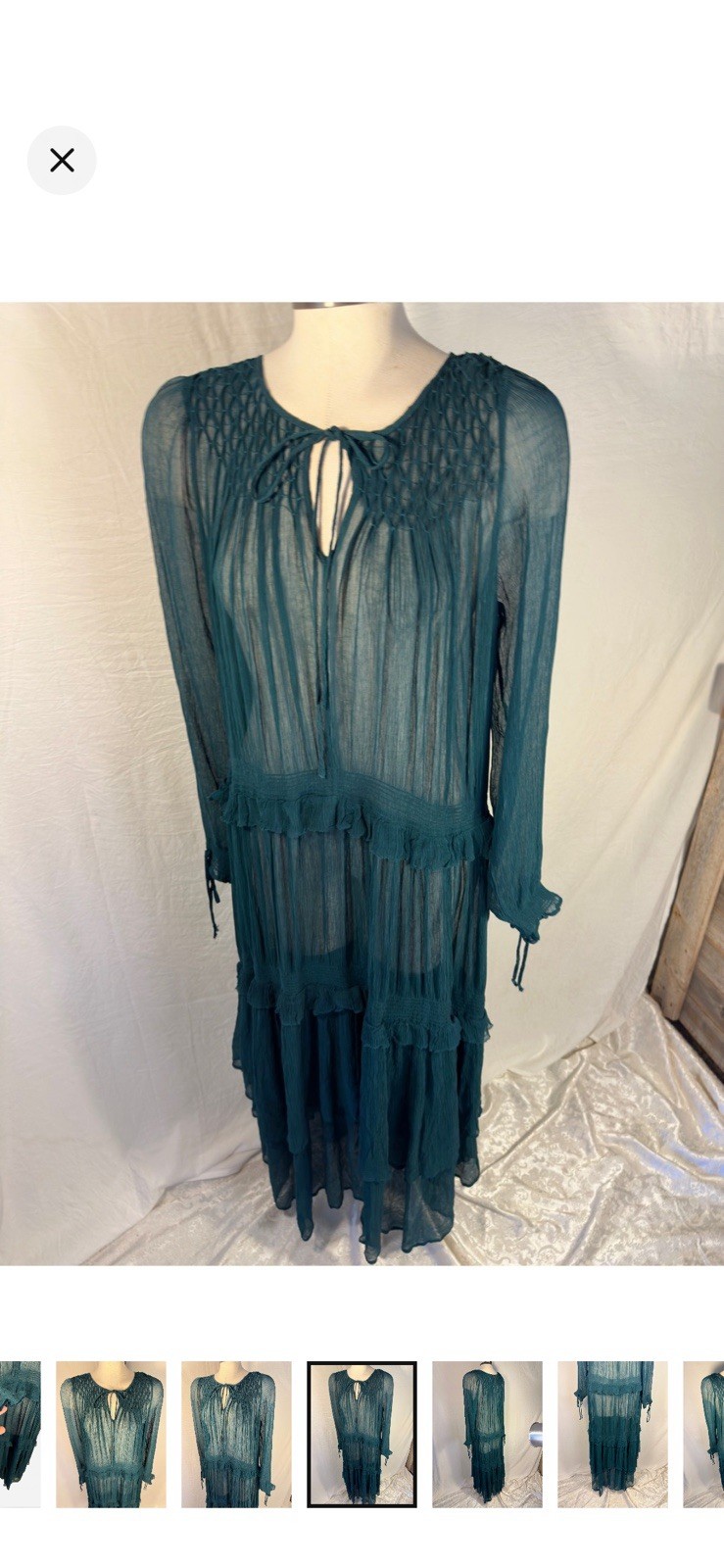 Sundance Teal Sheer Chiffon Ruffle Tie Neck Midi Dress Cupro Viscose Size S
