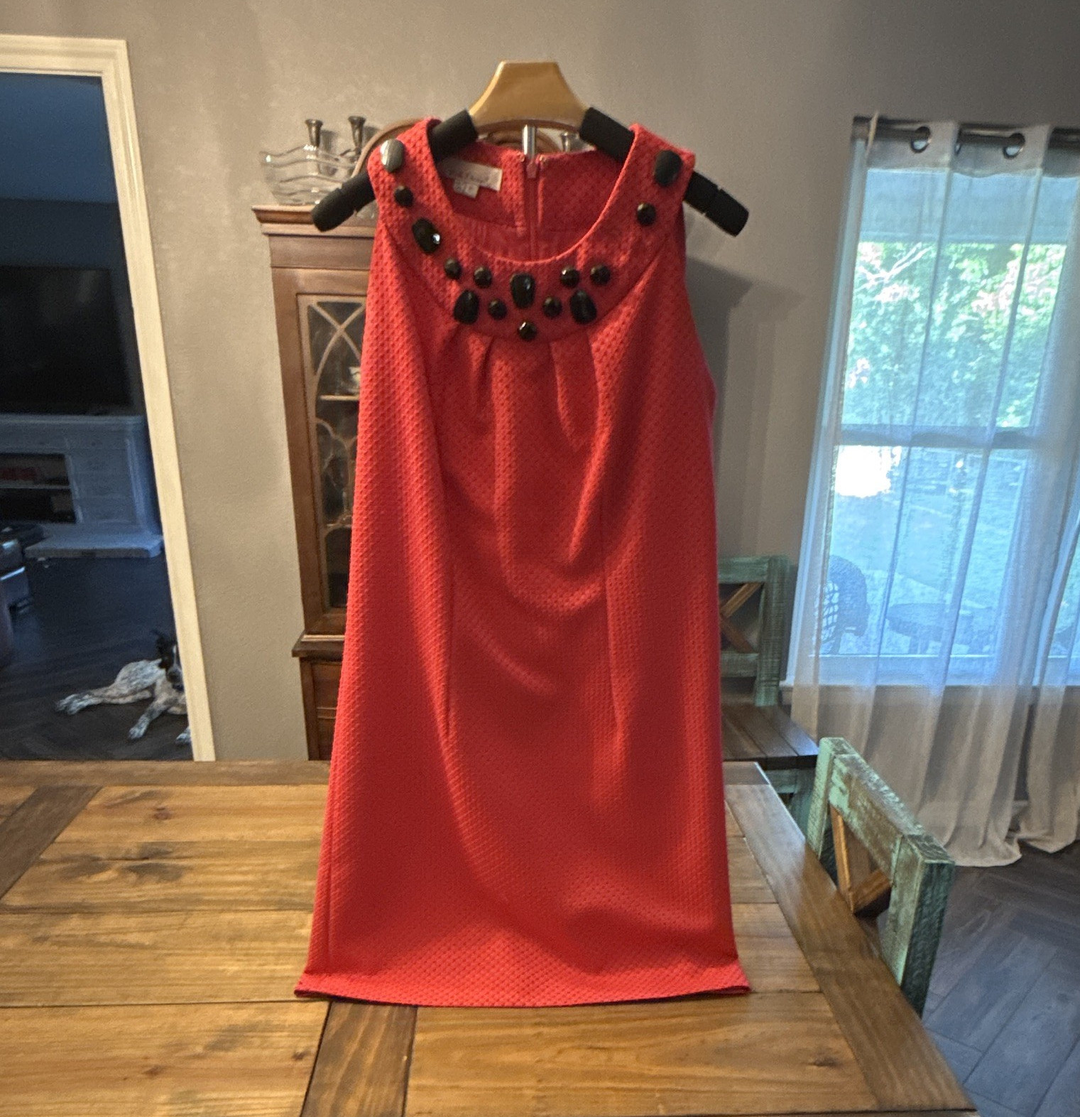 Kali Dress Red Solid Shift Dress 10 Scoop Neck Sleeveless Knit Beaded Zip