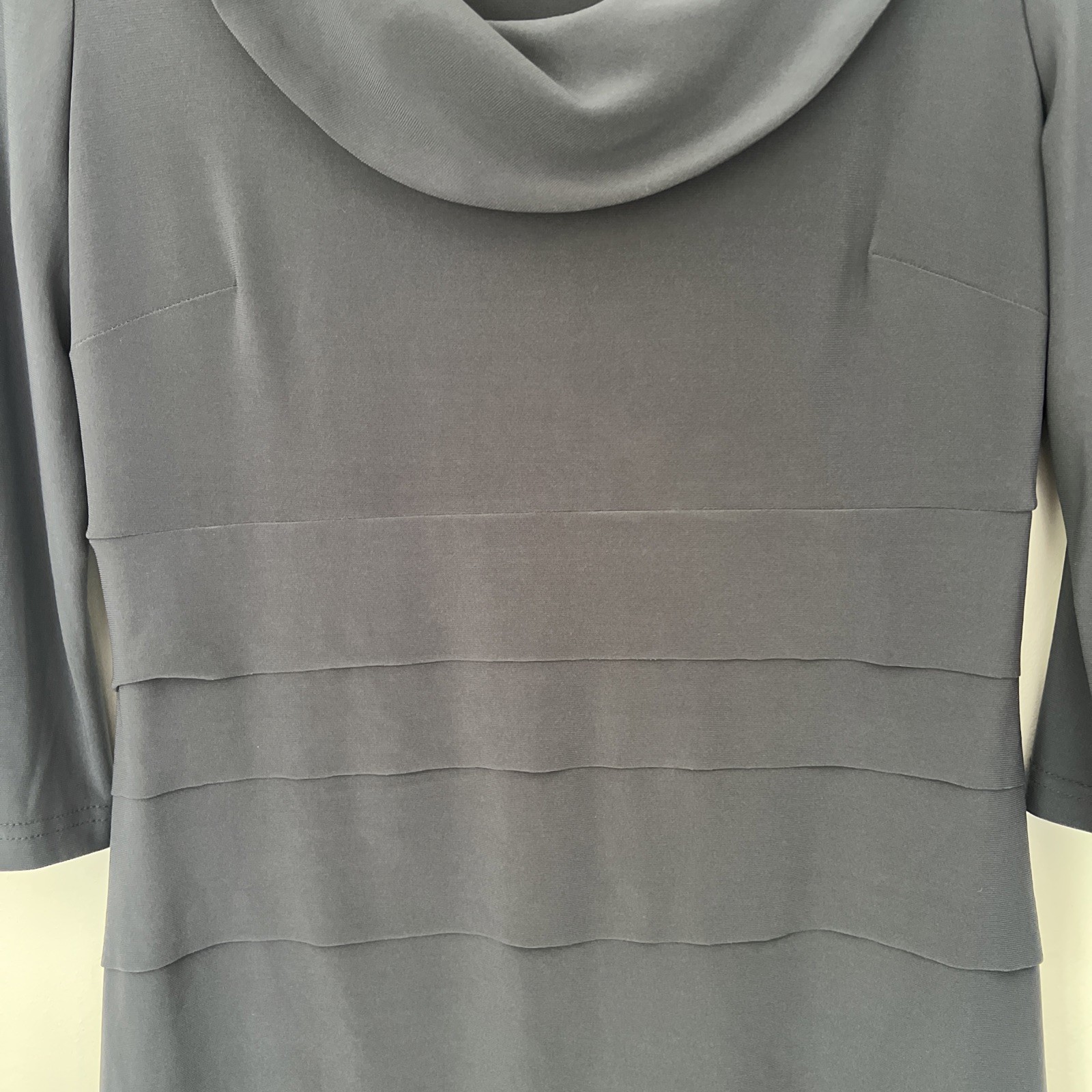 Joseph Ribkoff Dress Grey Blue Tiered Roll Over Collar 3/4 sleeve Size 10