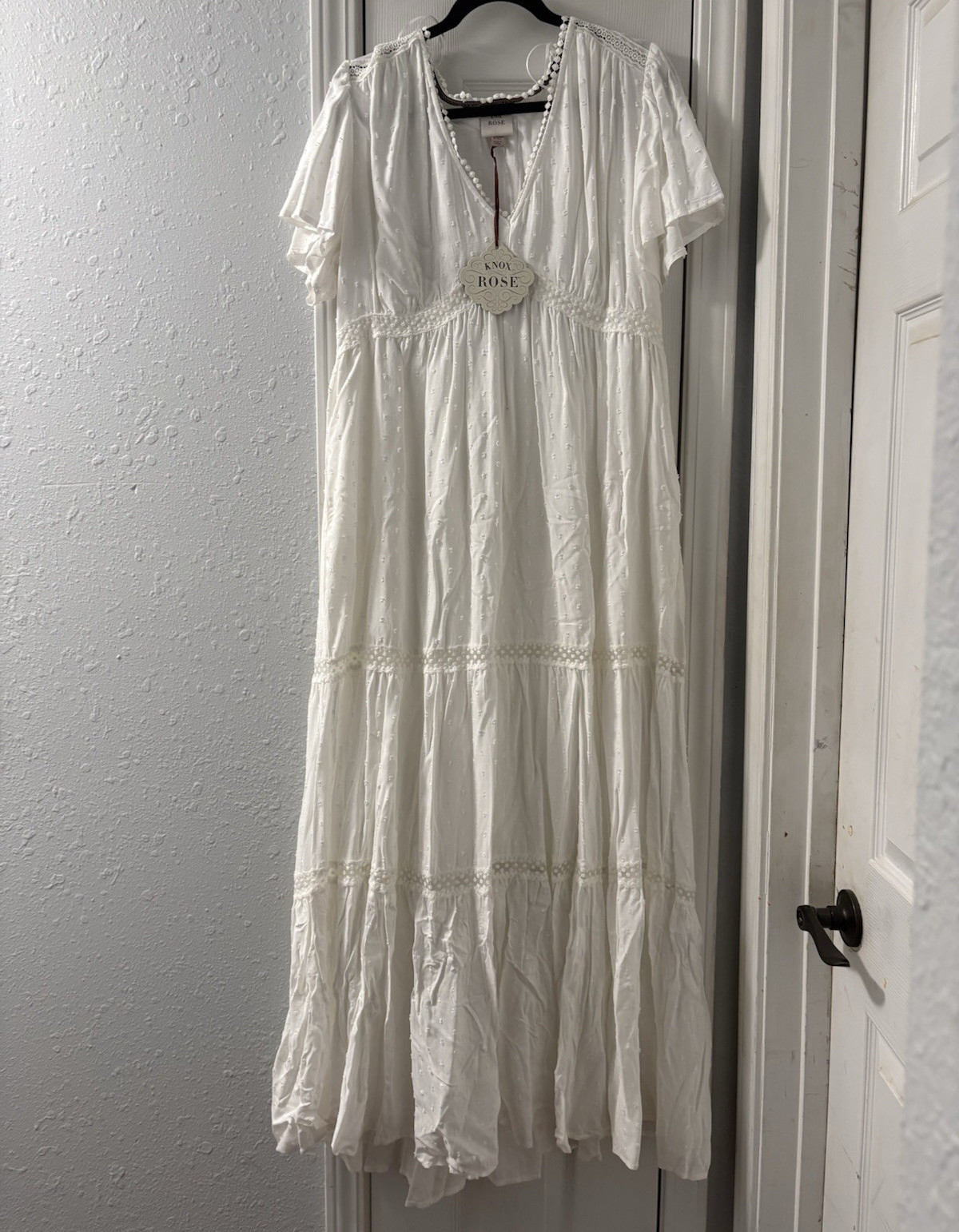Knox Rose White Solid V-Neck Flutter Short Sleeve Lace Maxi Dress XXL