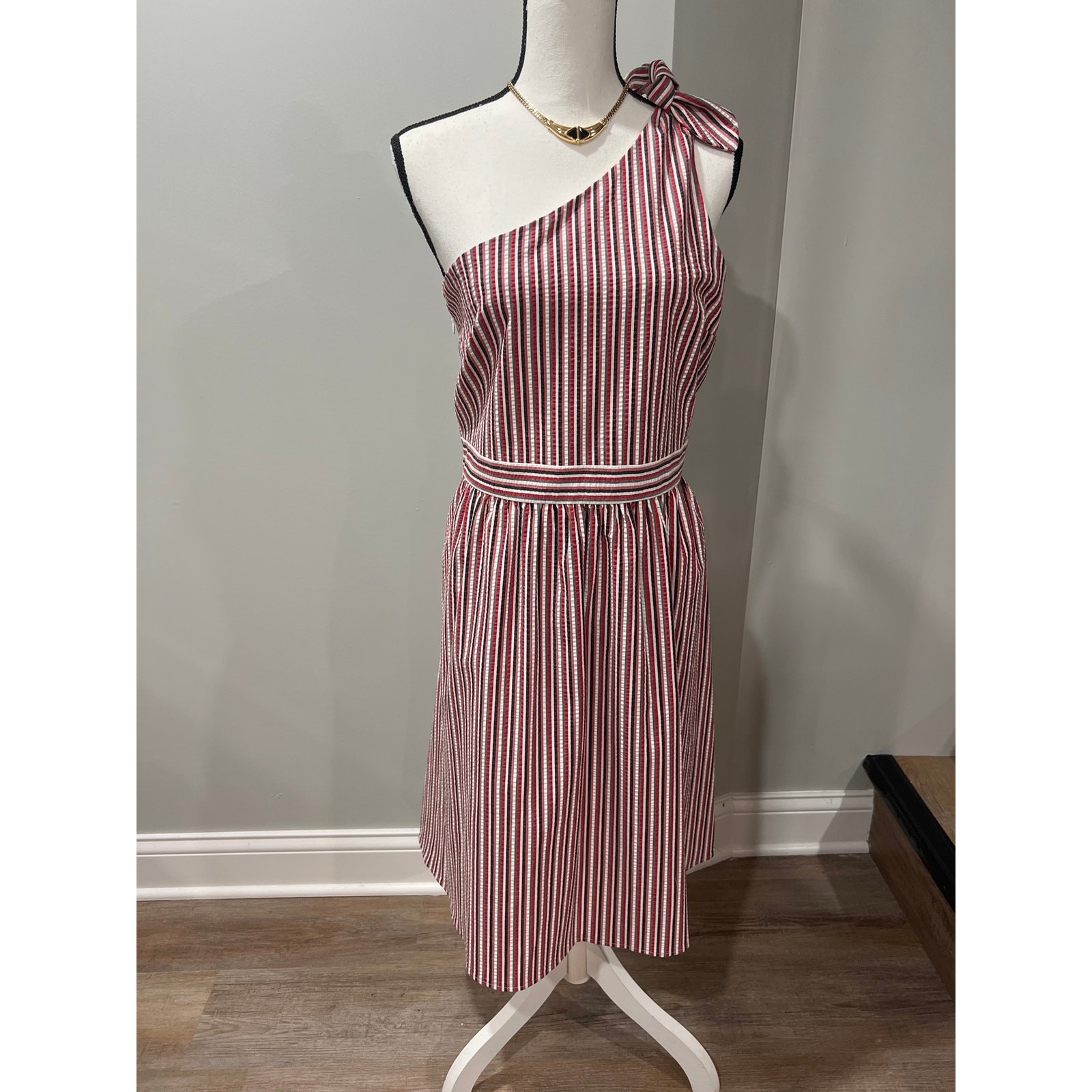 LOFT Outlet Size 8 One Shoulder Striped Bow Midi Dress Red White Navy