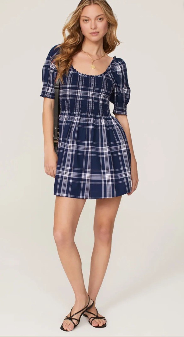 Hill House Home Naia Nap Mini Dress M Navy Plaid Tartan Smocked Bodice