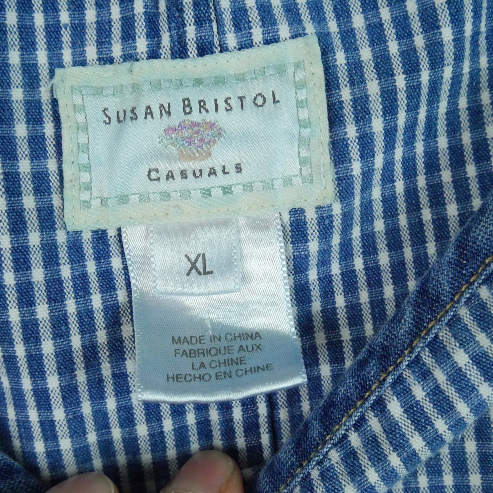 Vintage 90s Blue Gingham Denim Jumper Dress Pinafore XL Cottagecore Prairie