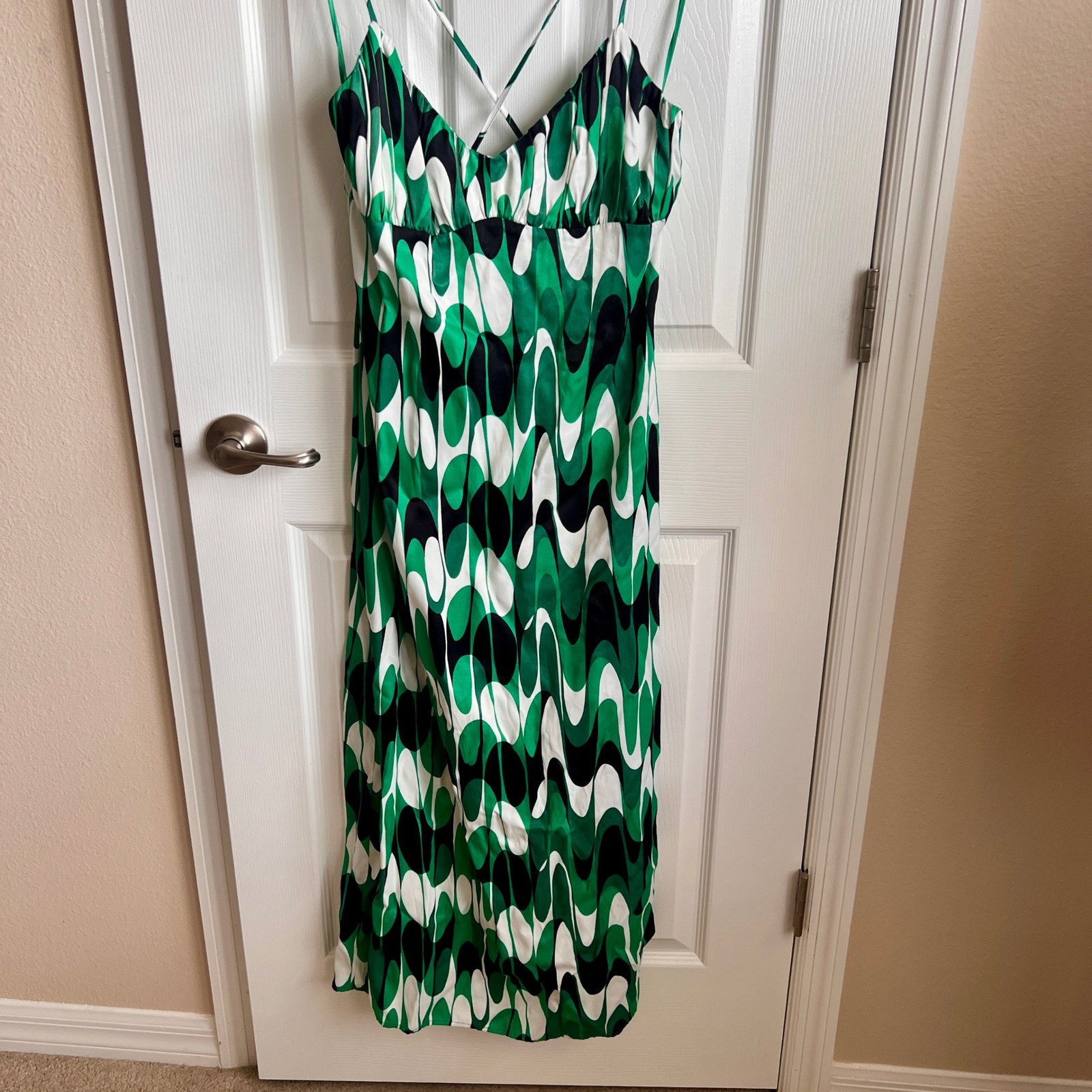 New Zara Abstract Green White Black Dress Cami Strap Crisscross Back Ladies L
