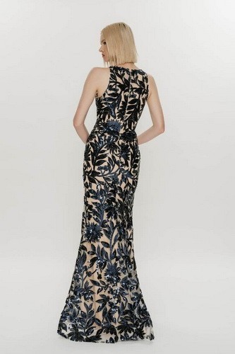 Hynes Park Navy Blue Nude Floral Sequin Halter Sheath Gown Size 8 $1550