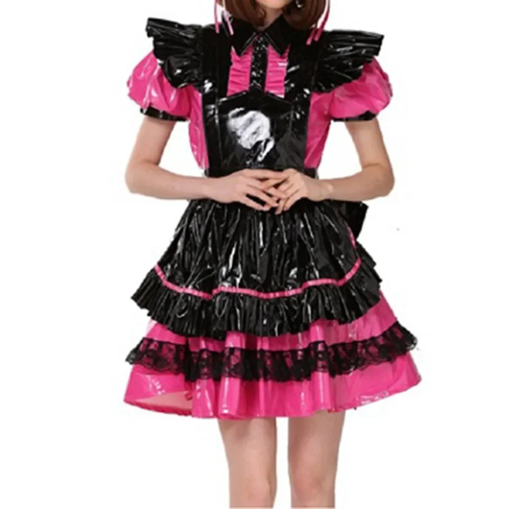 Party Cosplay Maid Cross Dressing with Apron Lockable PVC Puff Sleeve Dress