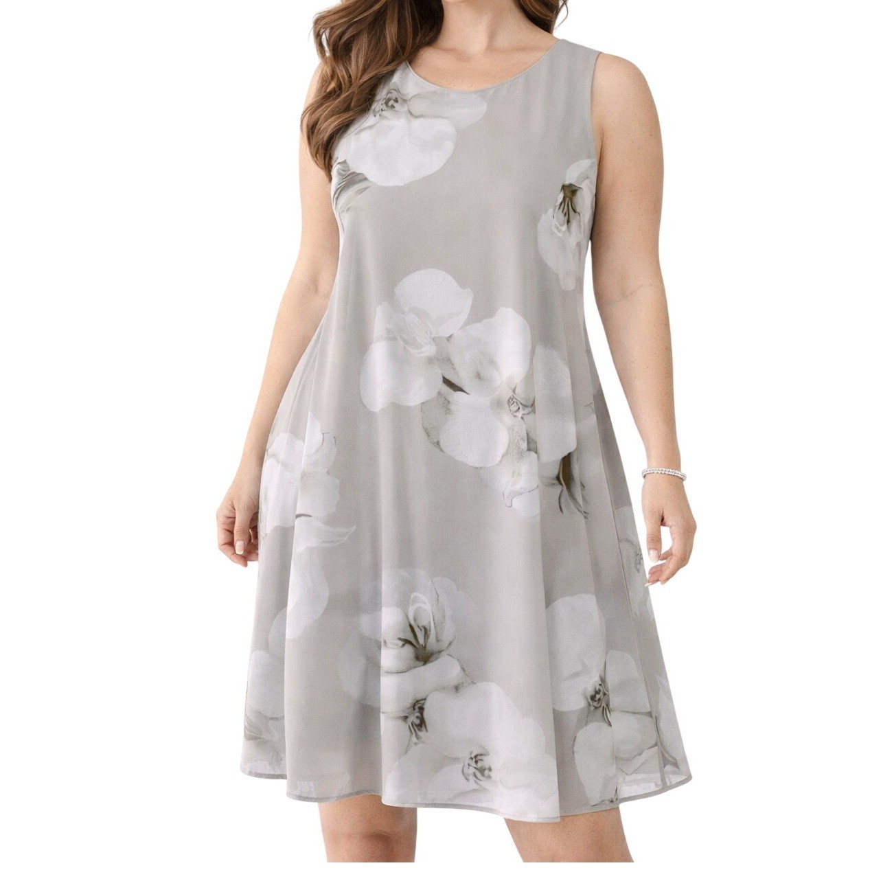 Calvin Klein Womens Size 4 Gray White Floral Chiffon Swing Dress Sleeveless