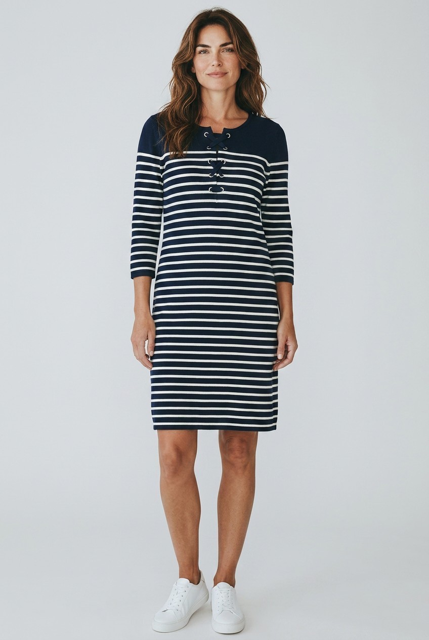Talbots Sweater Dress Women Medium Stripped Cotton Blend Stretch 3/4 Sleeve Midi