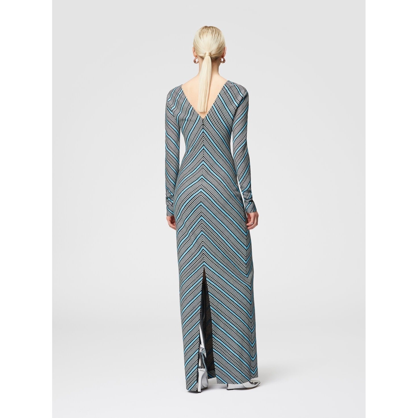 New Missoni Long Striped Dress Plunging V-Neckline Metallic Knit Size 42