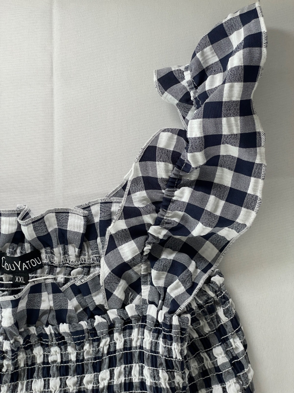 Chou Yatou Gingham Smocked Midi Navy White Ruffle Strap Sundress – Size XXL