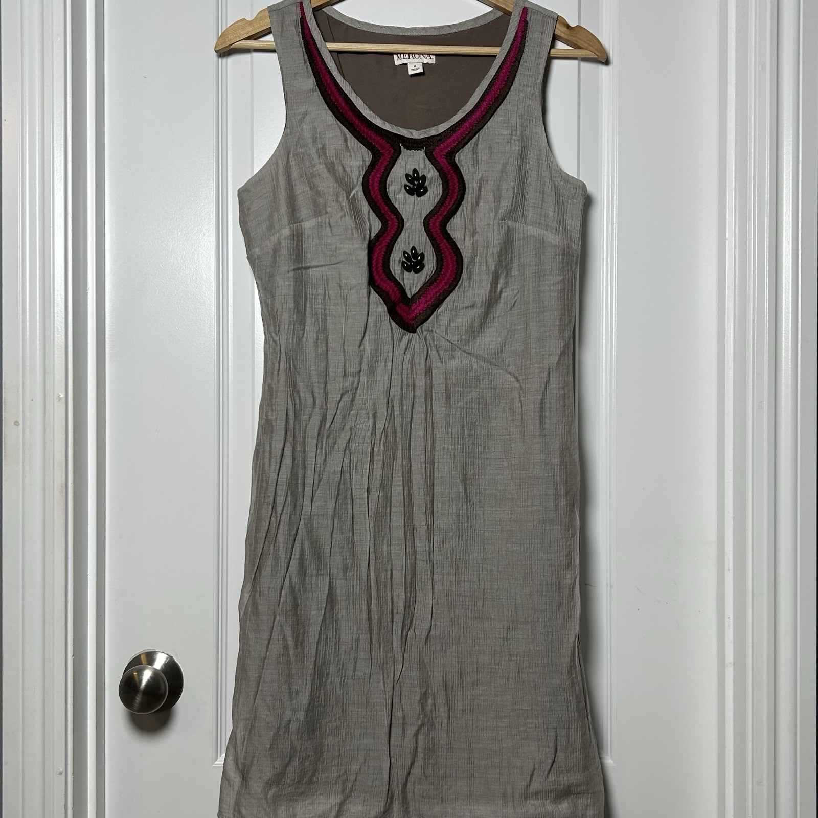 Merona Taupe Embroidered Magenta Beaded Neckline Shift Dress Boho Chic Style