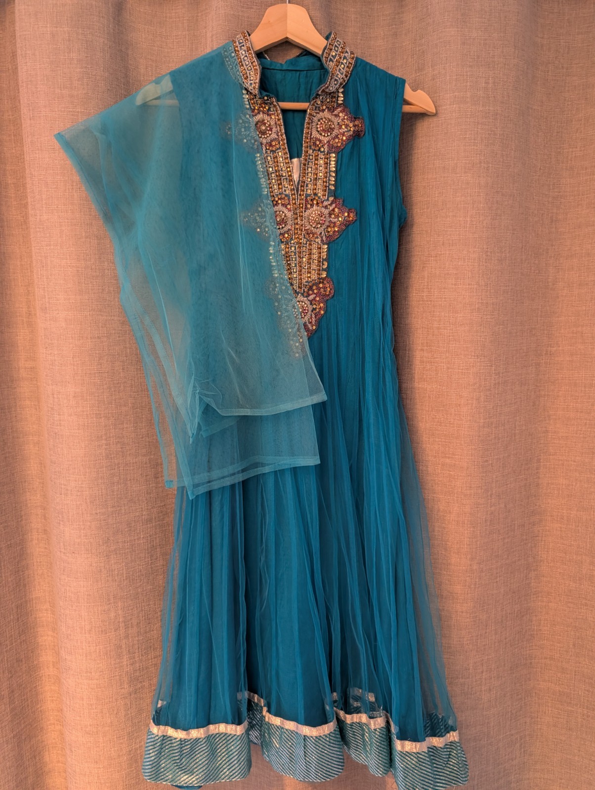 Indian Blue Silk Tunic Dress Scarf Set Wedding Handmade UK Size 8 C74