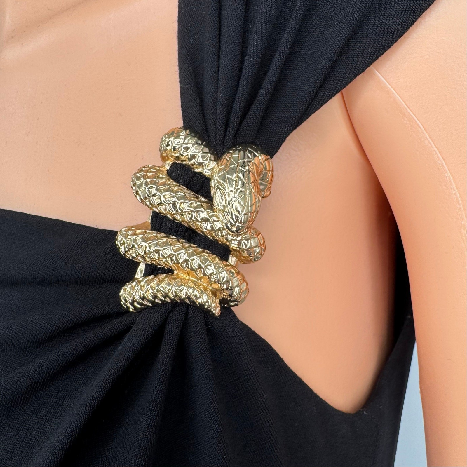 VTG Y2K Cache Black Asymmetric Neckline Bodycon Dress Snake Brooch Made USA Sz M