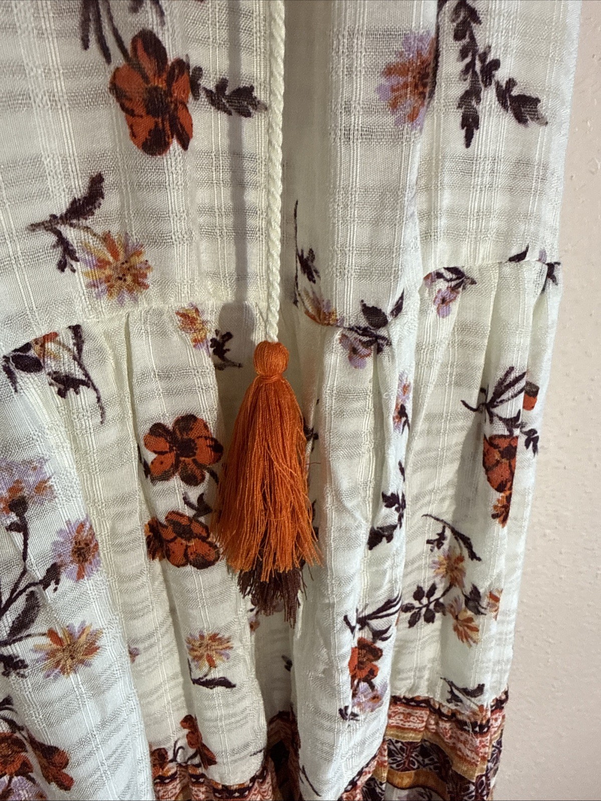 Cato NWT Boho Ivory Garden Floral Flutter Sleeve w/Tassles Knee Length Dress
