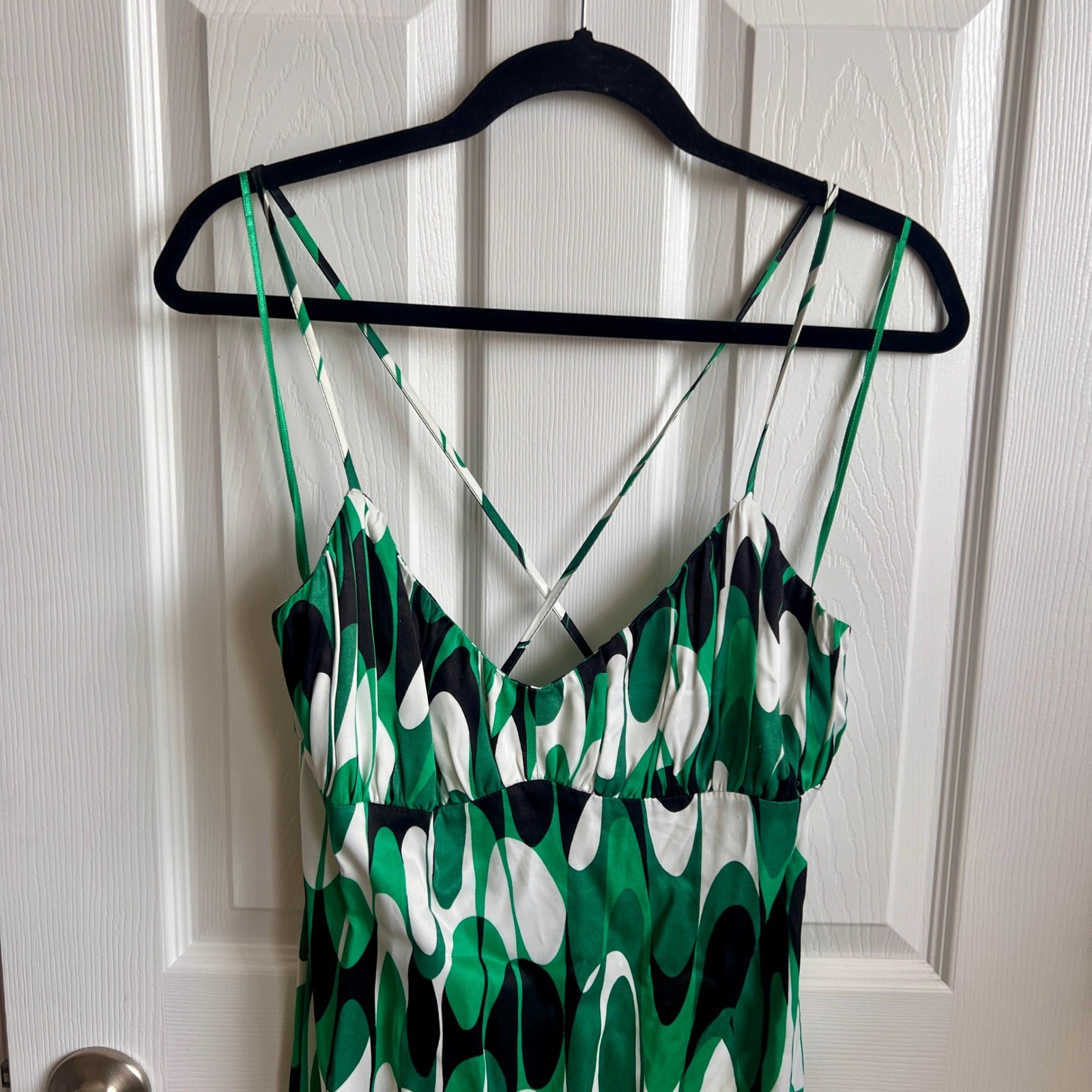 New Zara Abstract Green White Black Dress Cami Strap Crisscross Back Ladies L
