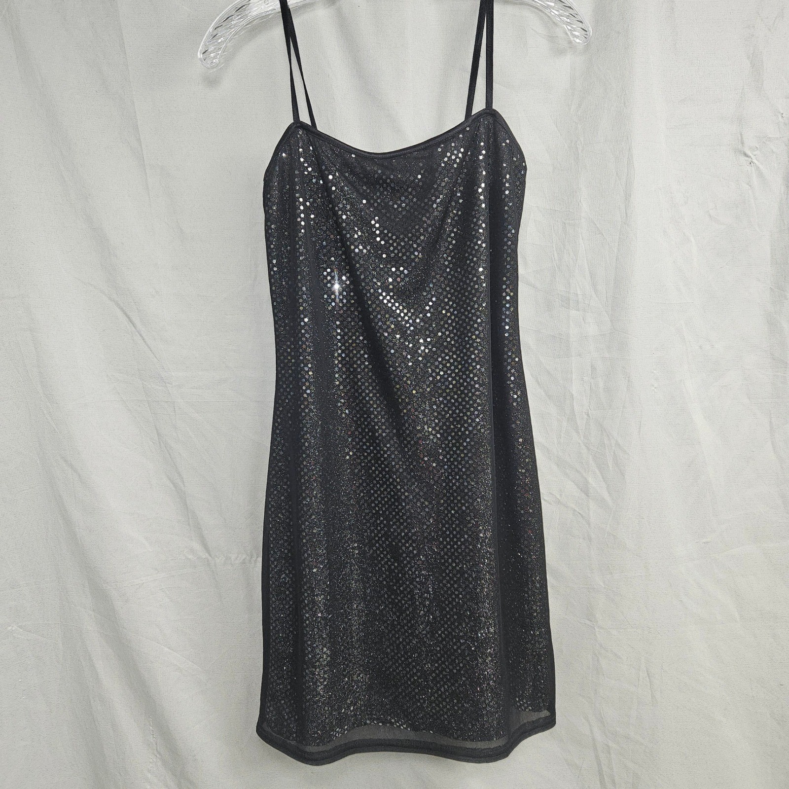 My Michelle Black Sequin Glitter Slip Dress Womens Large Square Neck Made in USA