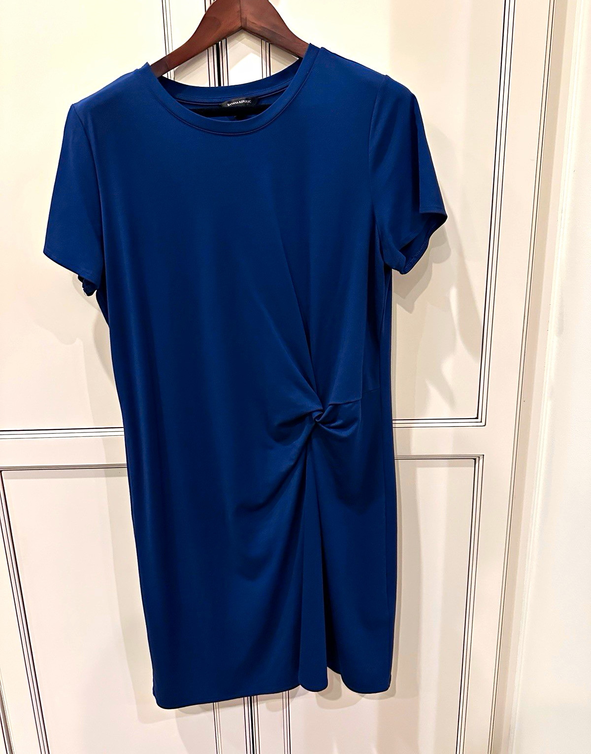 Banana Republic Blue Solid Knit Crew Neck Short Sleeve Twist Shift Dress L