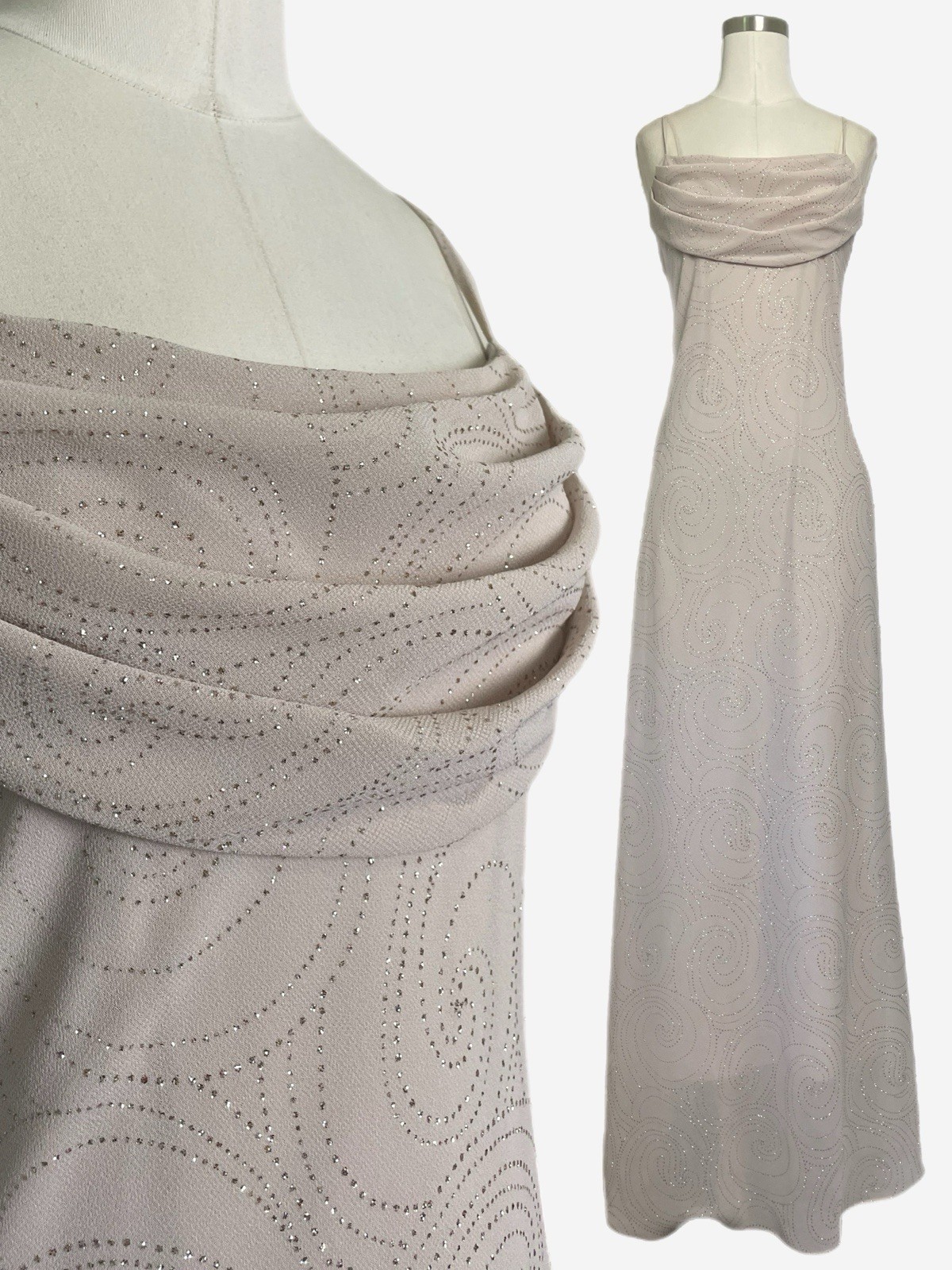 Vintage Y2K Karina Nites Champagne tan glitter swirl maxi gown bridesmaid prom M