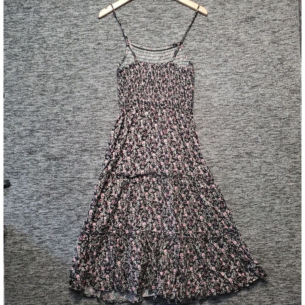 Mimi Chica Midi Dress Women Large Black Pink Floral Smocked Tiered Boho Sundress