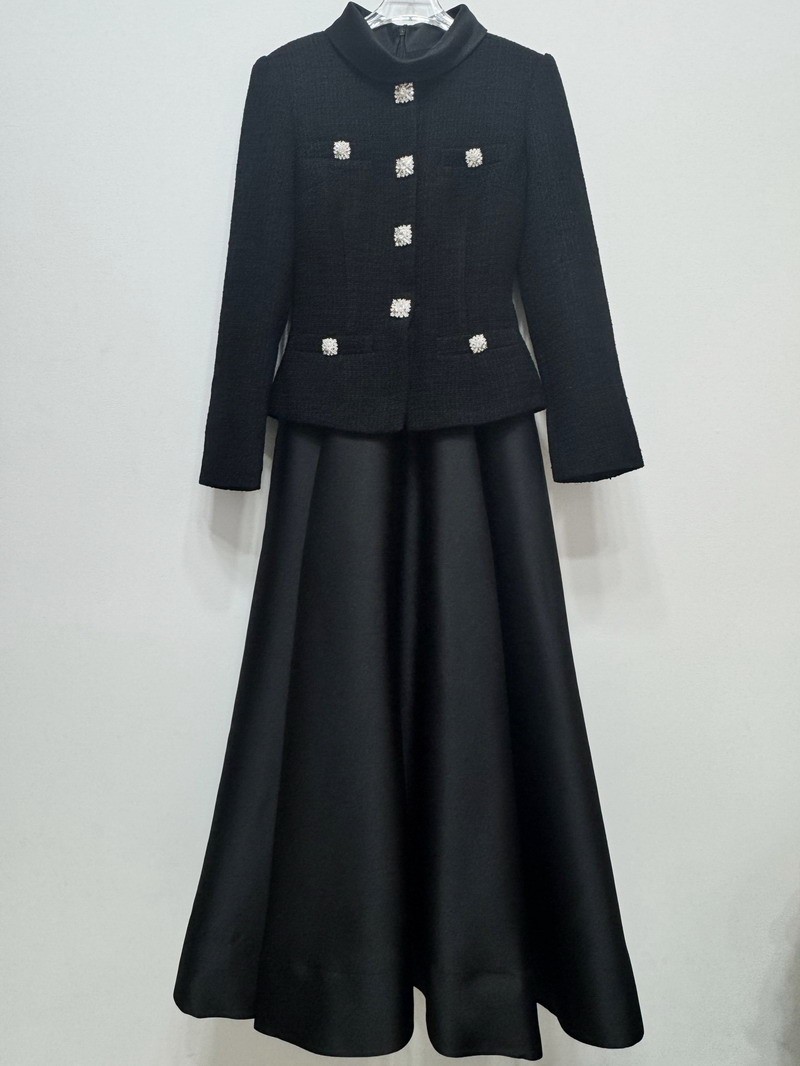 Self Portrait Black tweed patchwork long-sleeved stand-up collar Dresses