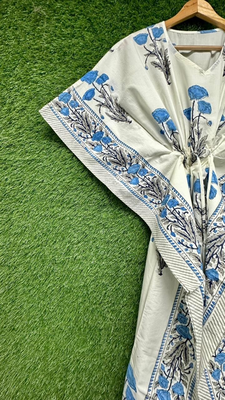 Women’s Hand Block Cotton Kaftan Dress Blue Floral Boho Beach Maxi Free Size US