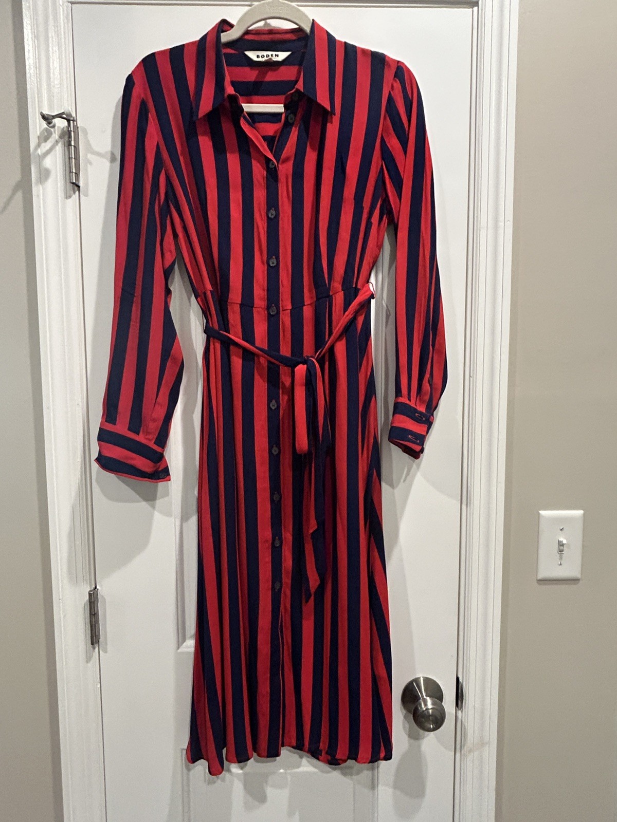 Boden Kate Long Sleeve Button Up Stripped Dress Navy Red Size 10P