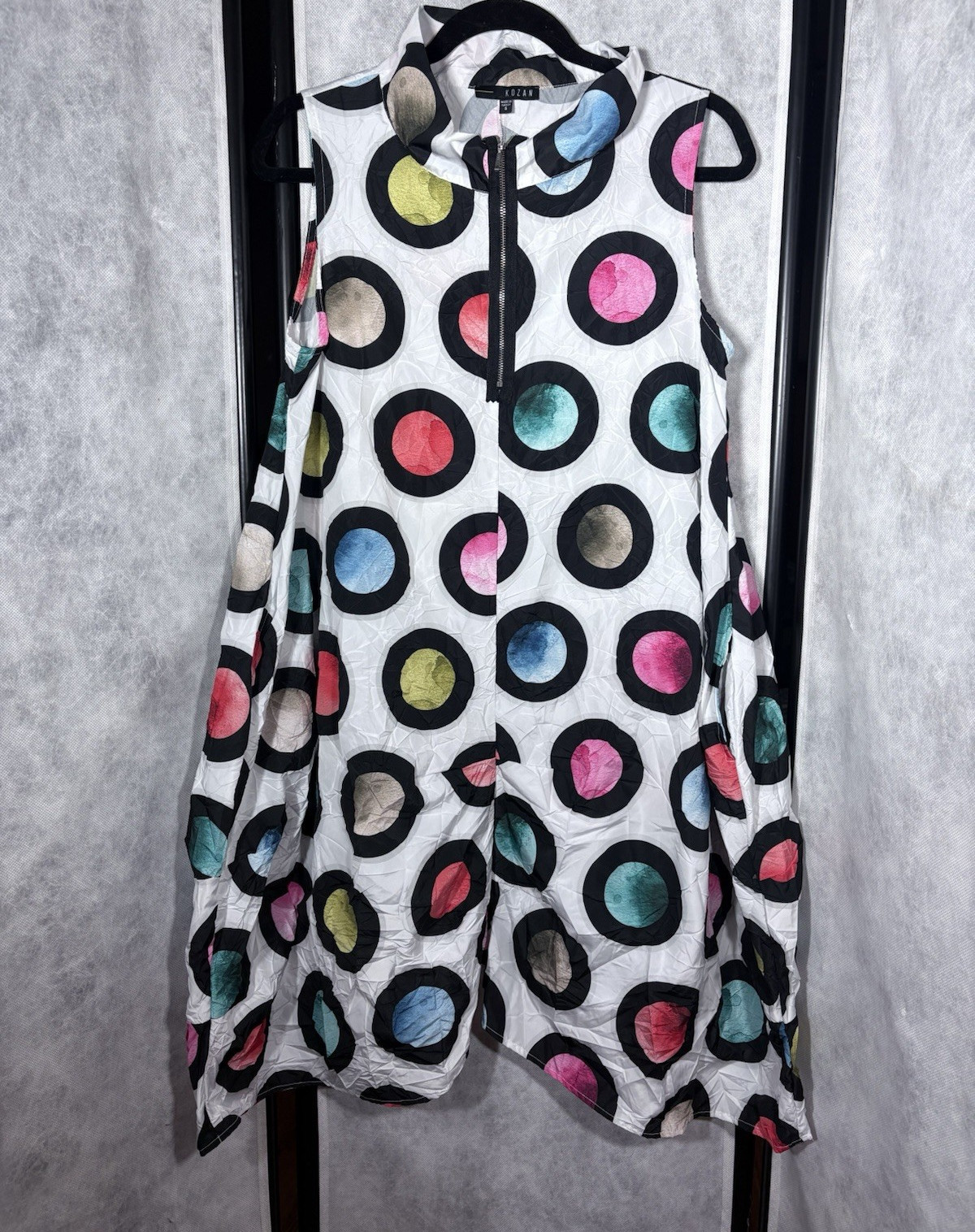 Kozan Women’s S Mock Neck Sleeveless Zip Front Polka Dot Shift Dress Pockets