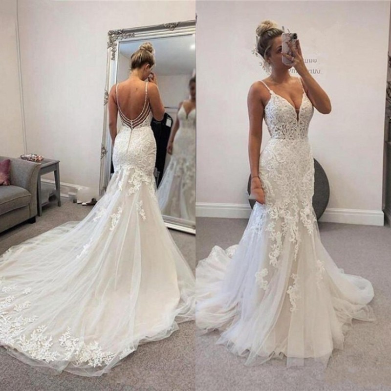 Sexy V-Neck Mermaid Evening Dresses Spaghetti Straps Backless Party Gowns
