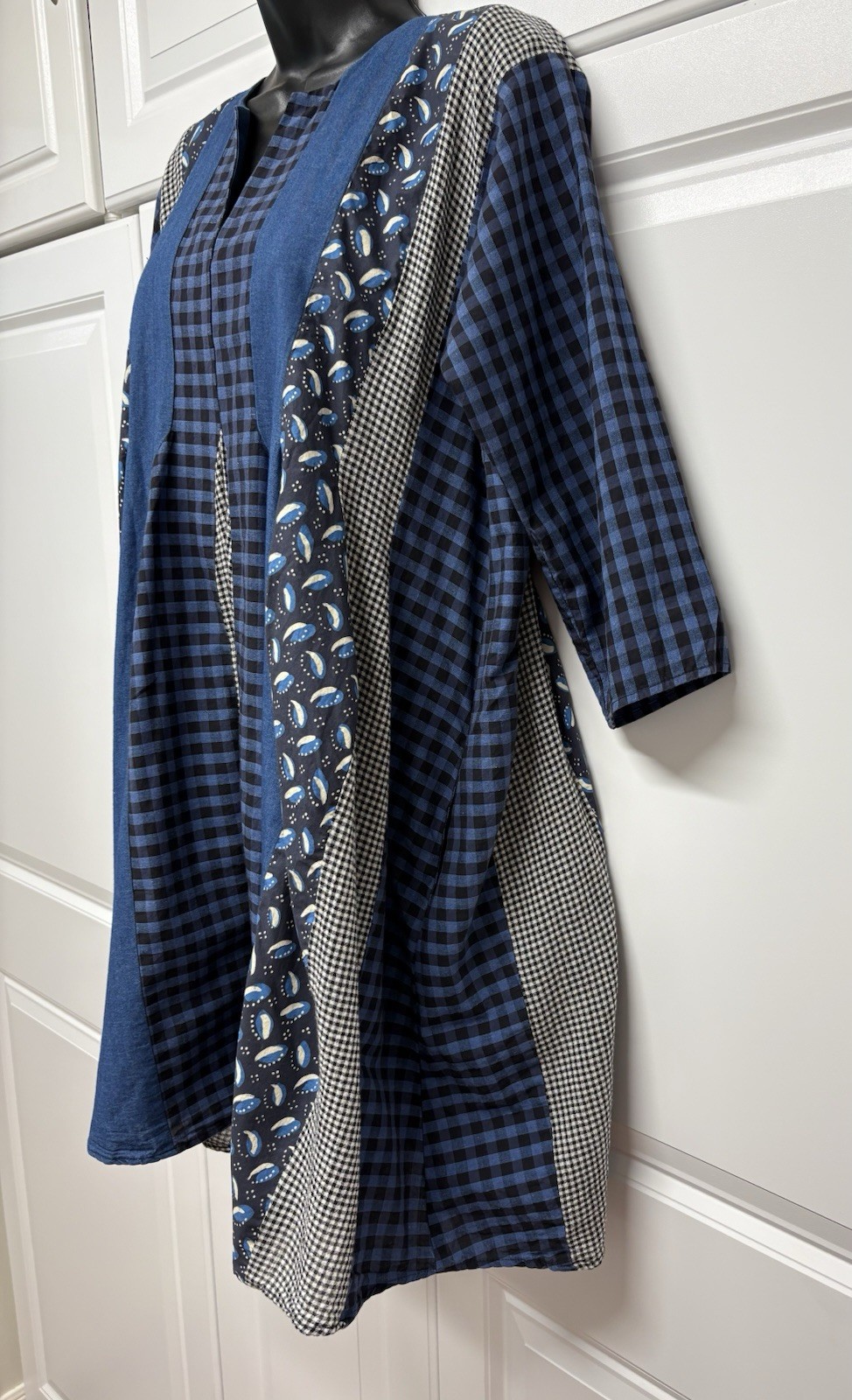 CARON CALLAHAN M Lightweight Cotton Mixed Indigos Combo Aria Dress Side Pockets