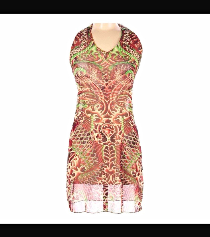 RARE Jean Paul Gaultier Koi Bodycon Halter Mesh Dress M