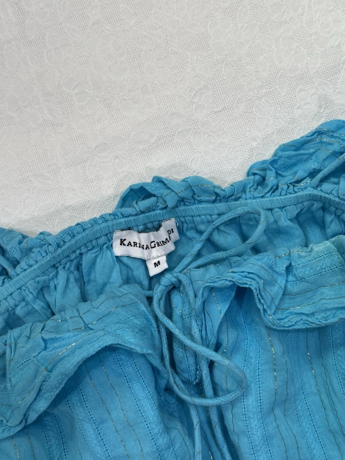 Karina Grimaldi Blue Tassel summer Mini Dress Medium Ruffle Metallic Resort