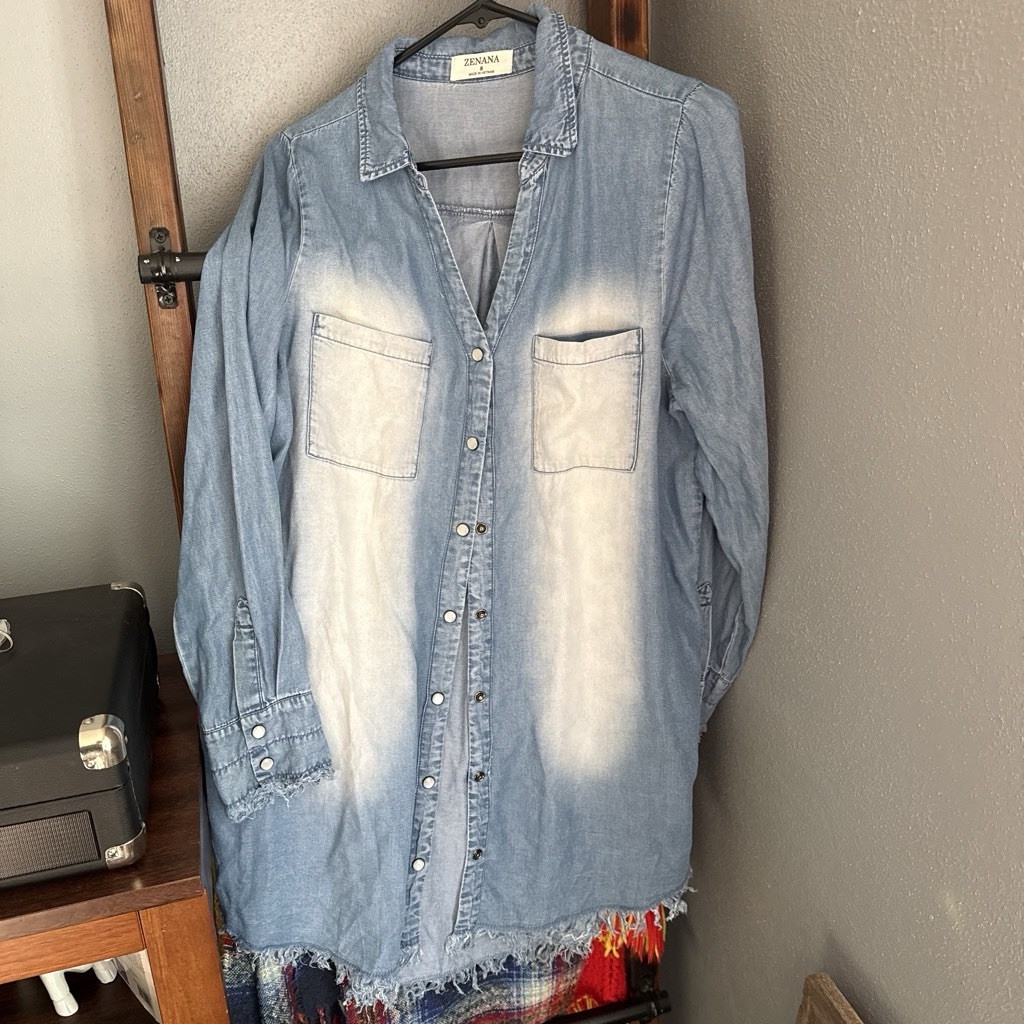 Denim Style Women’s Small Long Sleeve Dress, Full Button Down Front, Frayed Hems