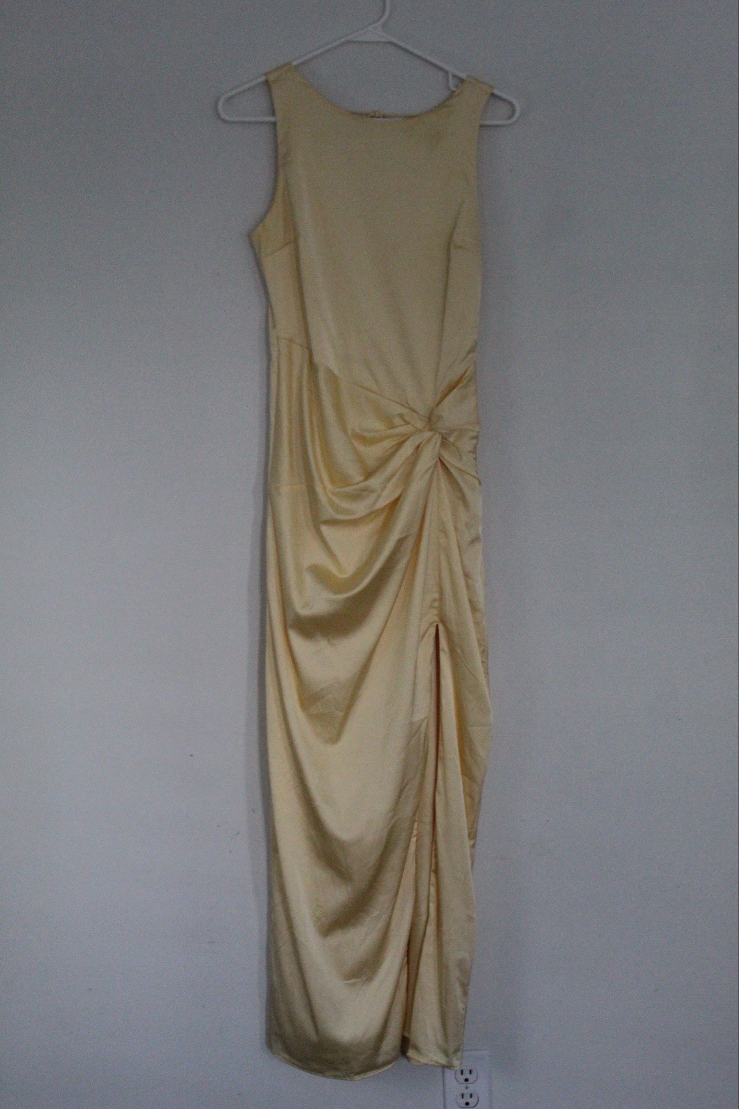 Abercrombie & Fitch Beige Satin Ruched High Neck Open Back Long Dress S
