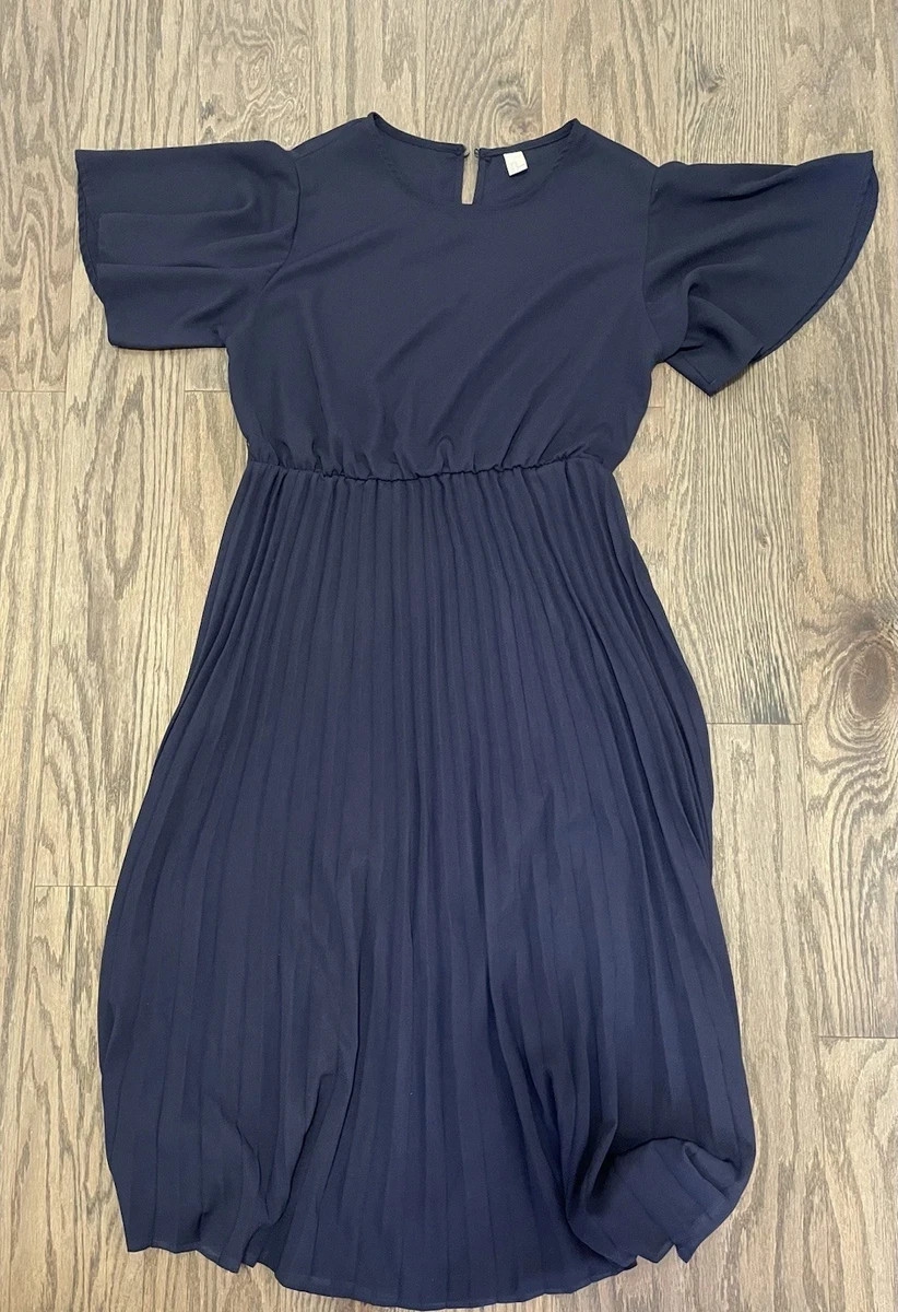 Women’s Blue Solid Pleated A-Line Midi Dress Flutter Short Sleeve XL