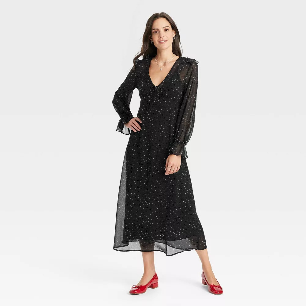 Women Long Sleeve Sheer Maxi Dress – A New Day Black/White Polka