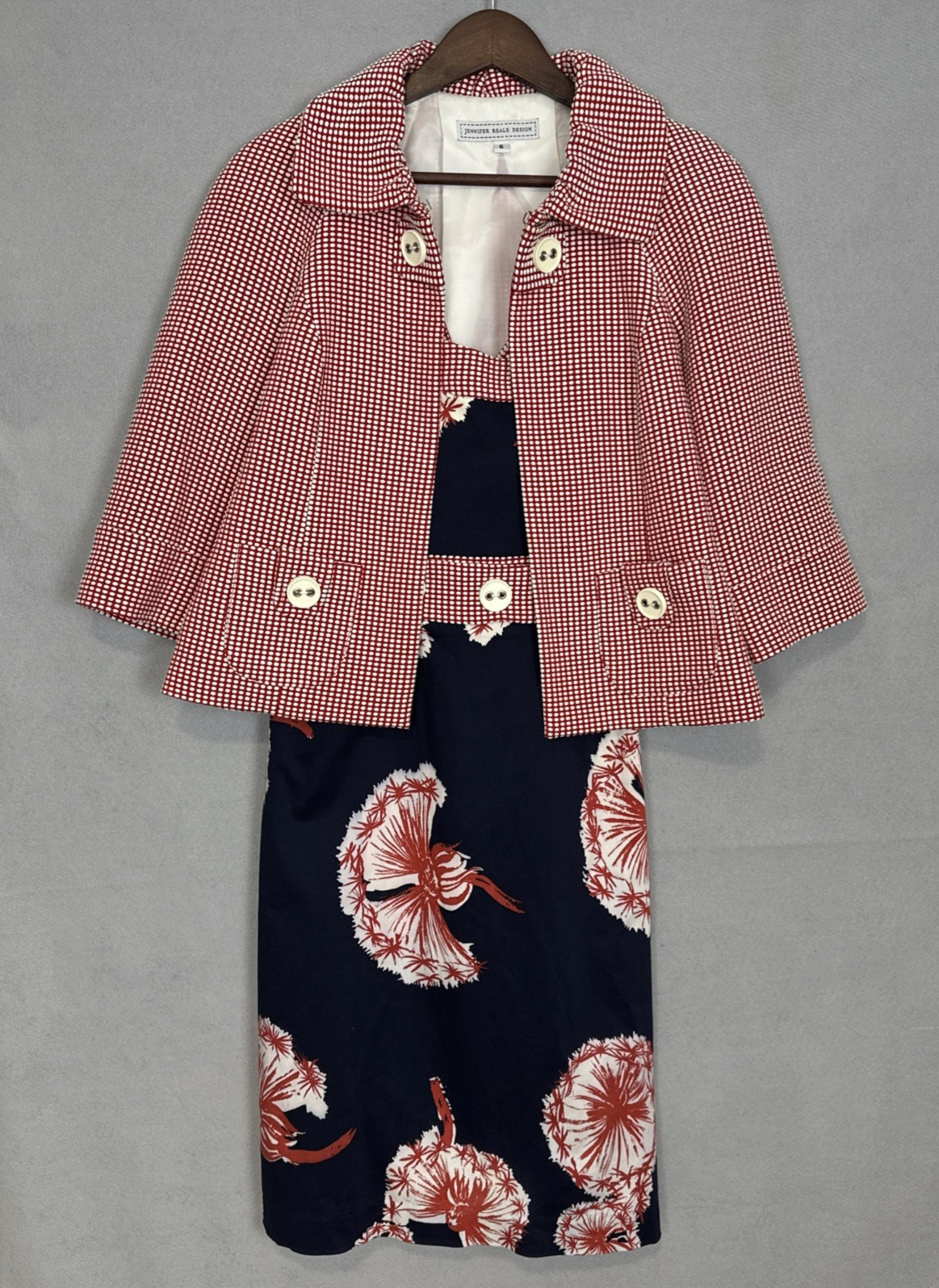 Jennifer Reale Design VTG Fan Floral Print Dress with Jacket Women Sz 6 & 8 Navy