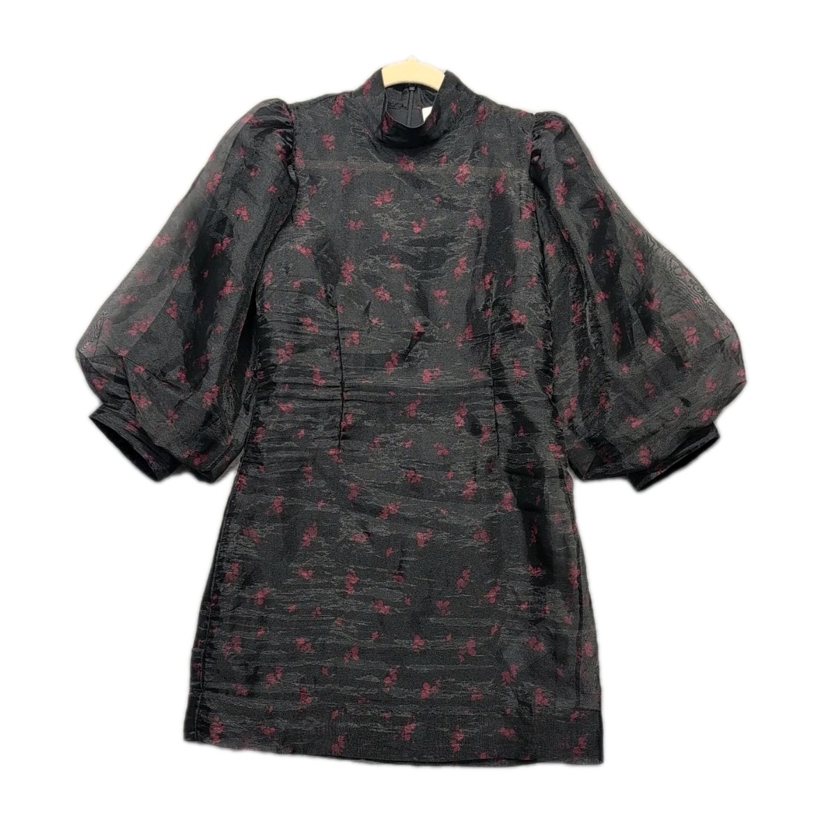 GANNI Organza Floral Mini Dress Women Size 6 EU 38 Puff Sleeve High Collar