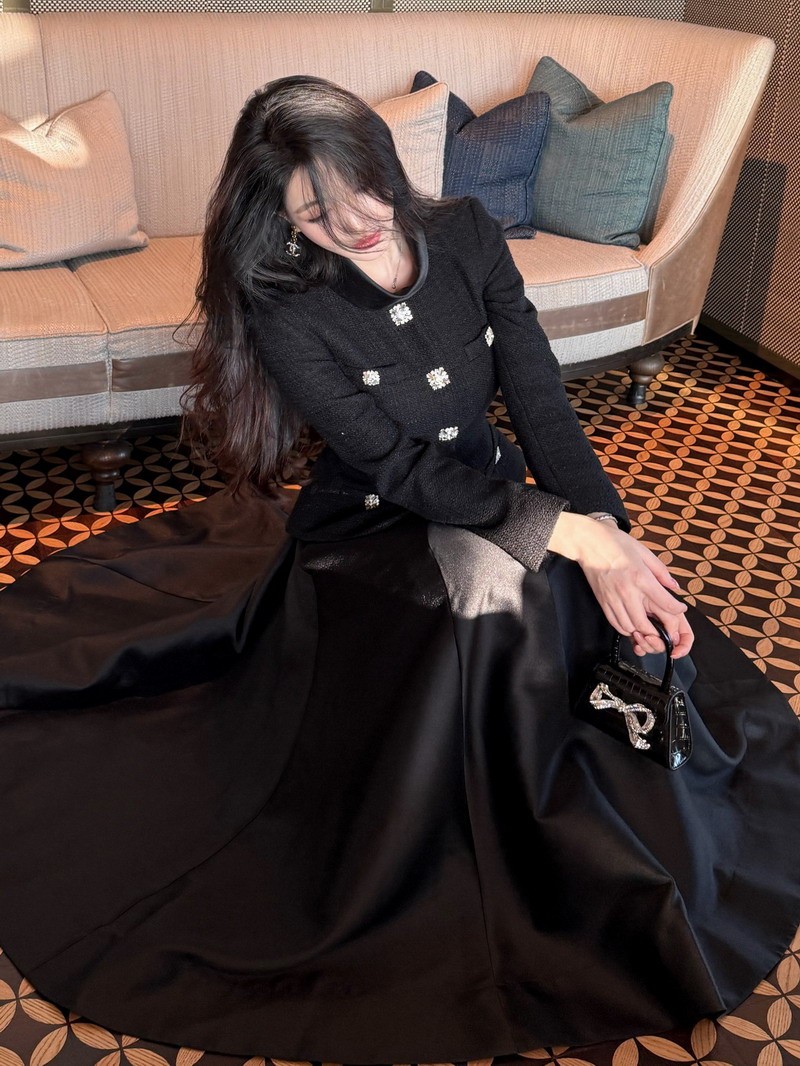 Self Portrait Black tweed patchwork long-sleeved stand-up collar Dresses