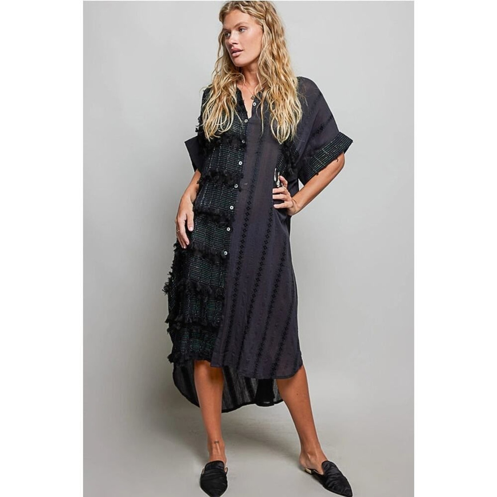 POL Dangle Trim Textured Cotton Oversized Long Shirt Dress – Cream